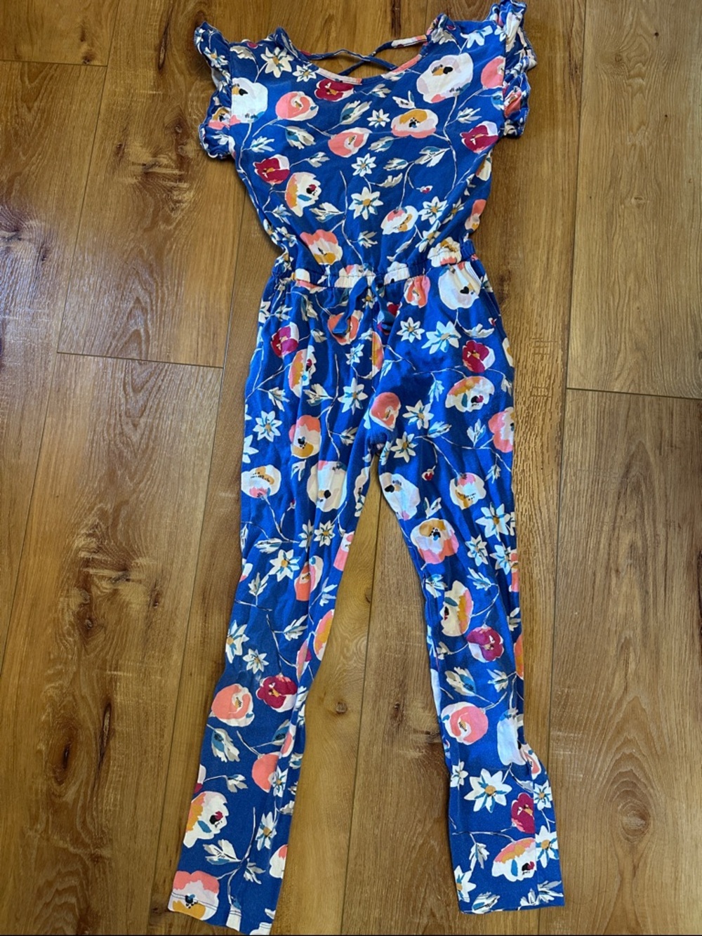 Blue Floral Jumpsuit with Pink and Cream Blooms